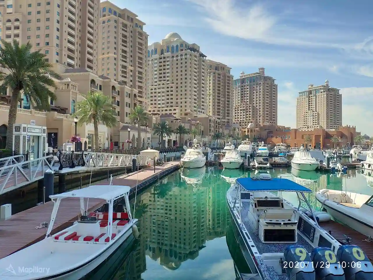 Reflective waters at The Pearl Marina