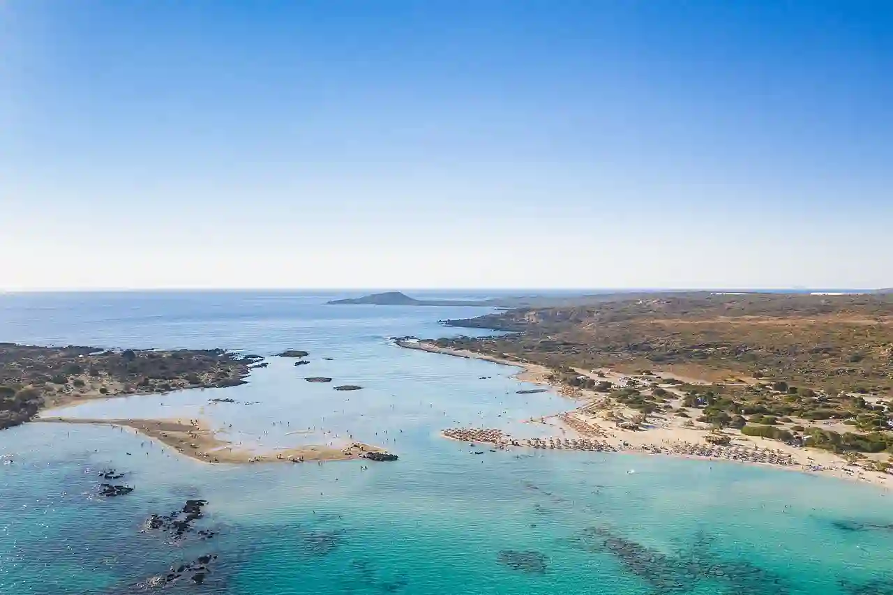 Aerial view of Elafonisi beach separating Crete and Elafonisi Island in Greece