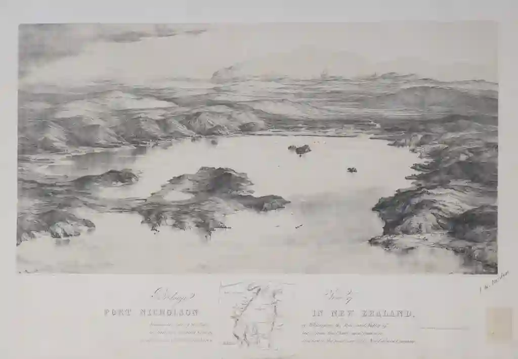 Birdseye view of Port Nicholson, in New Zealand, shewing the site of the town of Wellington, the river and valley of the Hutt and adjacent country, taken from the charts and drawings made during Col.l Wakefield’s survey and now in the possession of the New Zealand Company.
