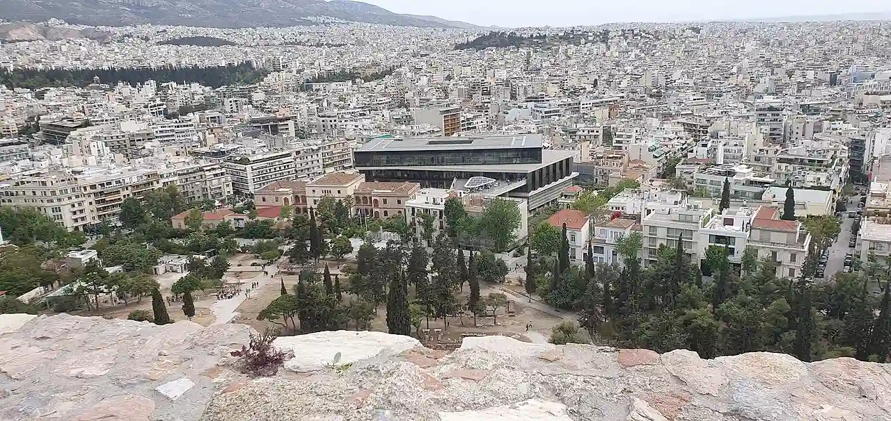 View of the Acropolis Museum from the Acropolis in Athens