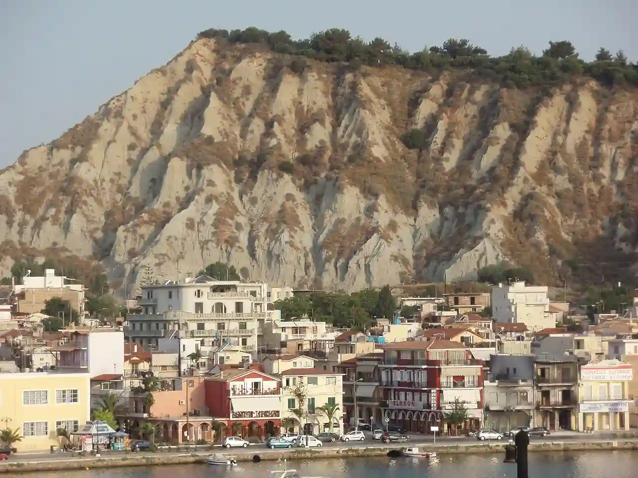 Zakynthos City waterfront houses (Strada marina) and Bochali Hill, Greece 01
