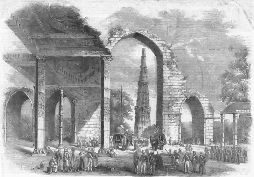 *"Scene at the Kootab Minar, after the capture of the king of Delhi," from the Illustrated Times, 1858*
