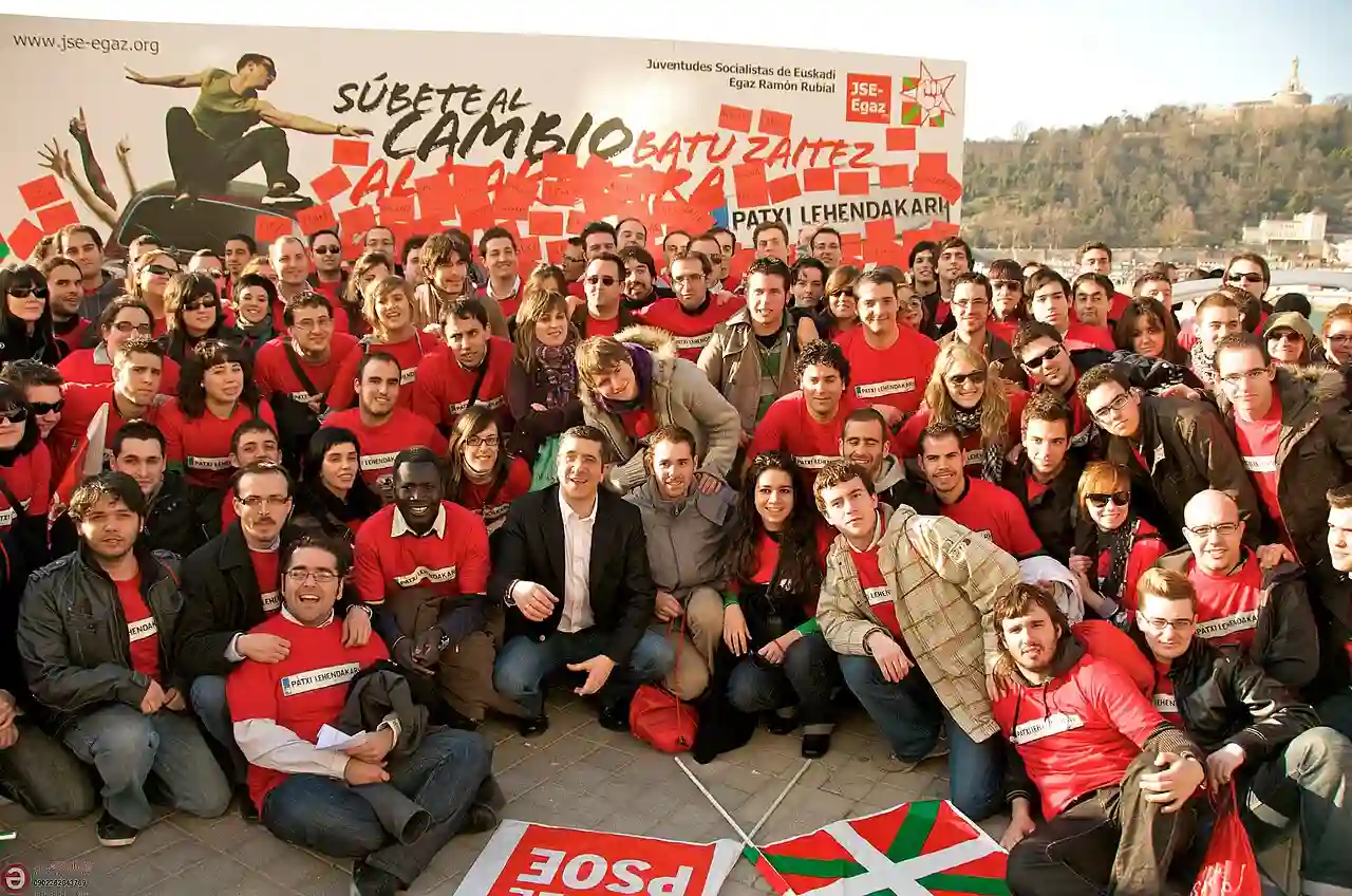 Patxi López en La Concha junto a miembros de las Juventudes Socialistas durante la campaña para las autonómicas vascas de 2009
