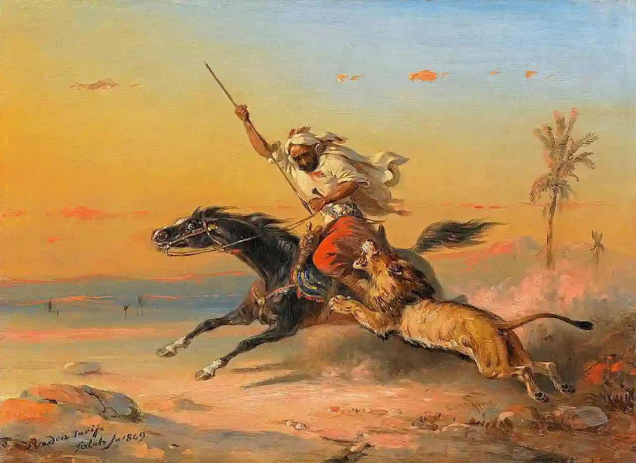 Arab on Horseback, Attacked by a Lion label QS:Len,"Arab on Horseback, Attacked by a Lion" label QS:Lde,"Araber zu Pferd von einem Löwen angegriffen" label QS:Lid,"Singa Menyerang Seorang Penunggang yang Memegang Tombak di Atas Kuda Hitam yang Berderap"
